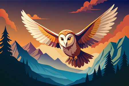 A bird with a large orange beak flies over a mountain range. The sky is filled with clouds, and the mountains are covered in trees. Concept of freedom and adventureのイラスト素材