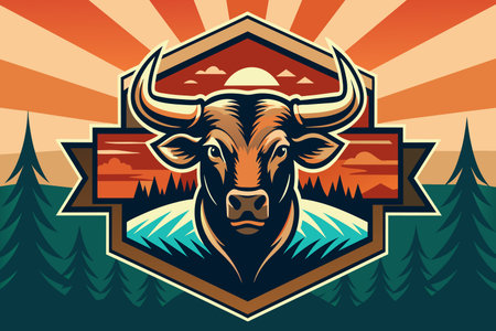 A bull with horns is on a banner with a sunset in the background. The banner is colorful and has a forest in the backgroundのイラスト素材