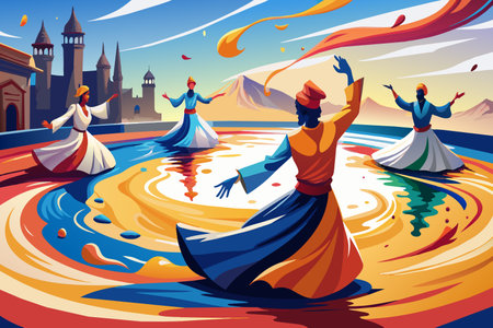 A group of men are performing a dance in the water. The scene is colorful and lively, with the men dressed in traditional clothing. The water appears to be a part of the performanceのイラスト素材