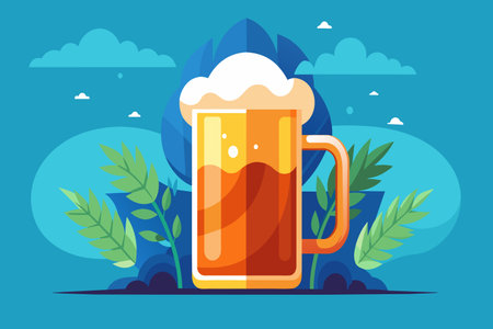 A cartoonish drawing of a glass of beer with a leafy background. The beer is full and frothy, and the leafy background gives the impression of a relaxing, outdoor settingのイラスト素材
