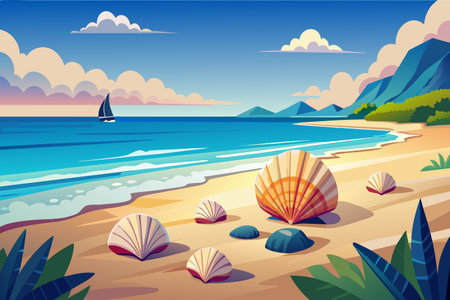 A beach scene with a sailboat in the distance and a few shells on the sand. Scene is peaceful and relaxingのイラスト素材