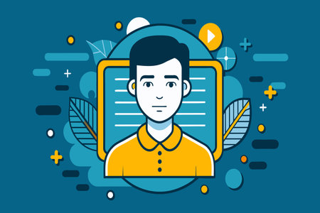 A man is shown on a blue background with a yellow shirt. The man is looking at the camera and he is focused on something. The background features a variety of shapes and colors, including a leafのイラスト素材