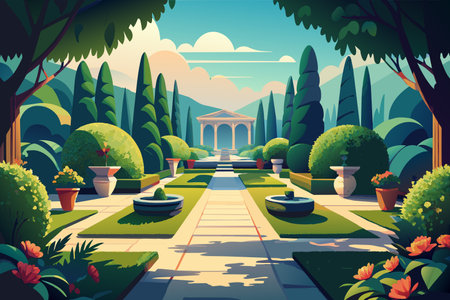A beautiful garden with a fountain and a gazebo. The garden is full of trees and bushes, and there are many potted plants and flowers. The scene is peaceful and serene, and it's a great place to relaxのイラスト素材