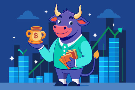 A cartoon cow holding a trophy and a book. The book is titled "The Art of Investing"のイラスト素材
