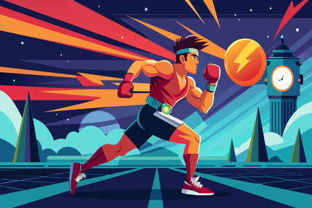A man in a boxing ring is running towards a ball. The scene is set in a futuristic world with a clock tower in the backgroundのイラスト素材
