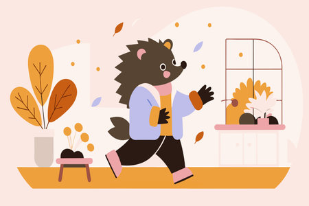 Cartoon illustration of a hedge animatedly running through a room filled with furniture and decor.のイラスト素材