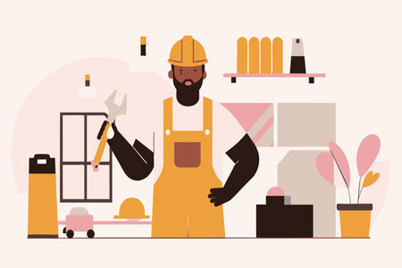 A smiling worker in overalls with a hammer, ready to renovate.のイラスト素材