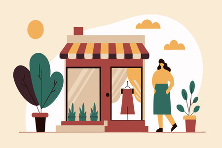 Lady by a small store with plants, under a clear sky.のイラスト素材