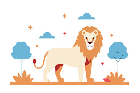 A stylized male lion stands proudly on a flat savannah.のイラスト素材
