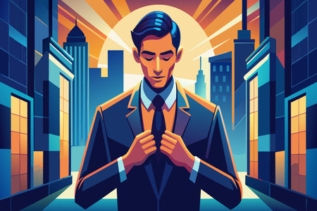 Suited man readies for the day against a city sunrise backdrop.のイラスト素材