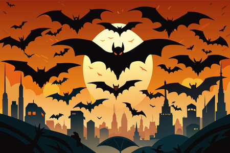 Bats in flight above an urban landscape as evening falls.のイラスト素材