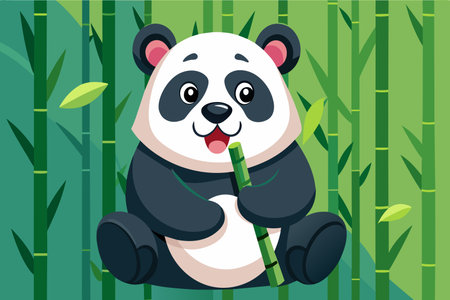 A cheerful panda munches on bamboo surrounded by greenery.のイラスト素材