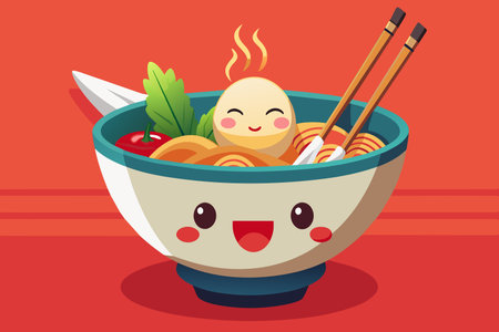 Cute animated ramen with happy-faced egg and chopsticks.のイラスト素材