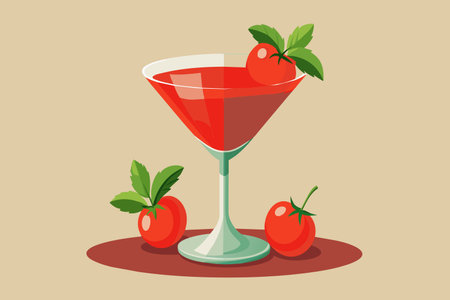 A vibrant red tomato cocktail garnished with basil leaves.のイラスト素材