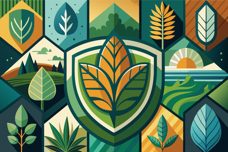 A stylized emblem with leaf patterns and a scenic nature backdrop.のイラスト素材