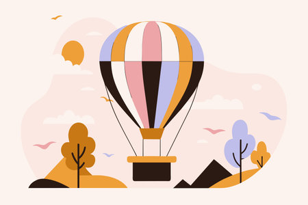 Hot air balloon floats above a tranquil, pastel-colored scene.のイラスト素材