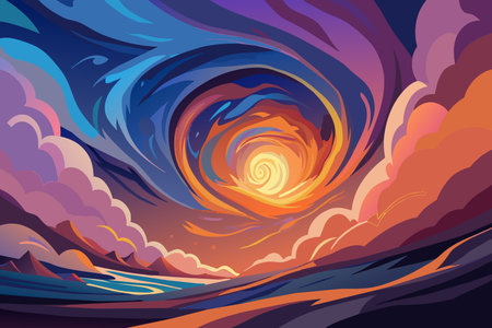 Swirling clouds in a colorful sky above a tranquil landscape at dusk.のイラスト素材