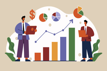 Two professionals analyzing financial data on bar graphs and pie charts.のイラスト素材