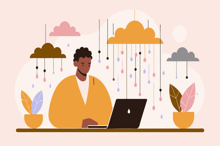 A serene workspace with a man focused on his laptop.のイラスト素材