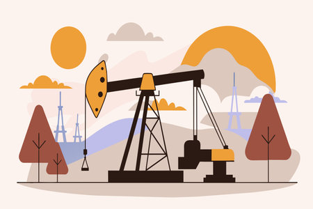 Oil pump jack operates against a sunset backdrop with drilling rigs.のイラスト素材