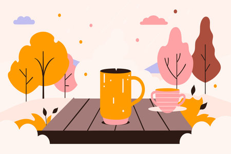 Two mugs on a table surrounded by vibrant fall foliage.のイラスト素材