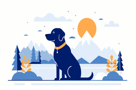 A calm dog enjoys the sunrise amid serene mountains and trees.のイラスト素材