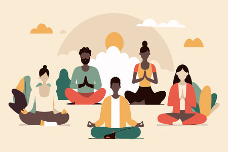 Diverse group meditating peacefully outdoors as the sun sets.のイラスト素材