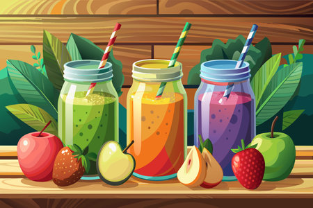Three mason jar smoothies with straws, flanked by assorted fruits.のイラスト素材