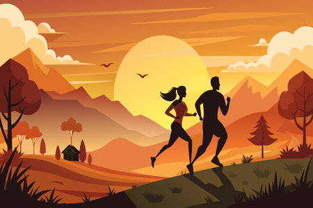 Two runners pace together against a backdrop of a sunset and fall colors.のイラスト素材