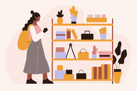 A shopper examines products on a shelf, considering a purchase.のイラスト素材