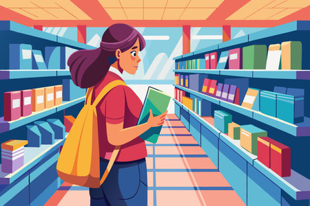 A female student selects a book from a colorful library shelf.のイラスト素材