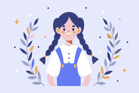 An illustrated girl in braids smiles with a backdrop of flowers and stars.のイラスト素材