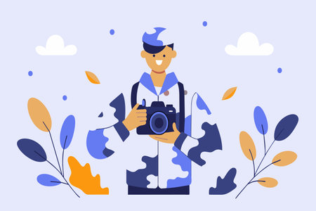 Animated photographer posing with camera among stylized fall foliage.のイラスト素材