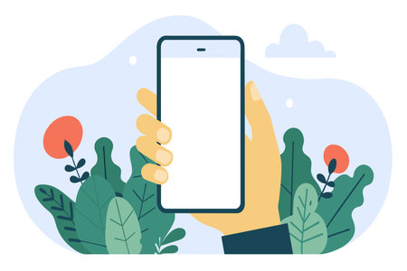Hand presenting a phone with a blank screen surrounded by graphic plants.のイラスト素材