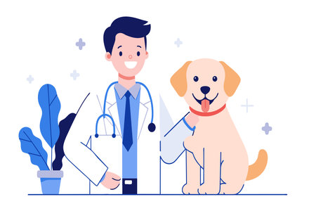 A vet in a lab coat stands by a content dog at a clinic.のイラスト素材
