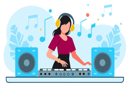 Woman DJ with headphones spinning on mixer at a party setup.のイラスト素材