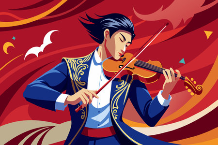 Animated character playing the violin with intensity.のイラスト素材