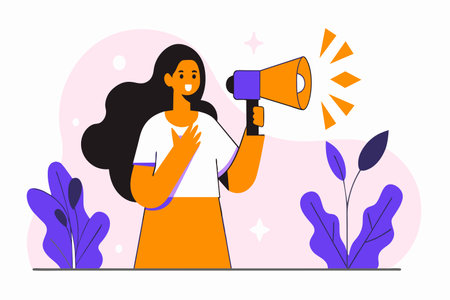 Animated woman with a megaphone making an announcement.のイラスト素材