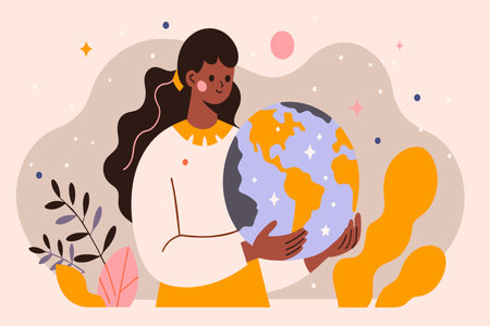 A serene illustration of a woman cradling Earth in a gentle embrace.のイラスト素材
