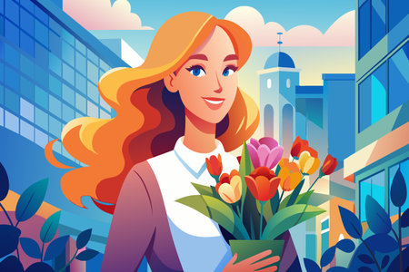 A cheerful lady with a bouquet of tulips enjoys a sunny day downtown.のイラスト素材