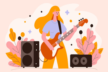 Woman performs with her guitar surrounded by falling leaves.のイラスト素材