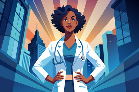 A smiling doctor with the sun rising behind her in the city.のイラスト素材