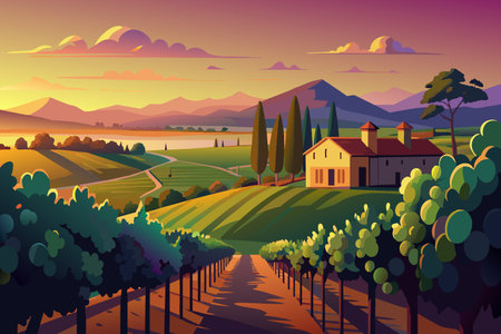A tranquil vineyard bathed in the warm glow of sunset.のイラスト素材