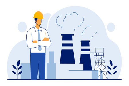 An engineer in hardhat stands arms folded before industrial silhouettes.のイラスト素材