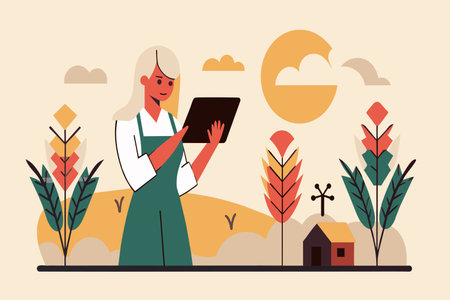 A woman checks her tablet among colorful, abstract plants and a small house.のイラスト素材