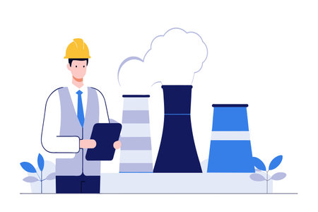 Engineer in hard hat holding a clipboard near cooling towers emitting steam.のイラスト素材