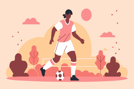 A woman in soccer attire dribbles with focus at dusk.のイラスト素材