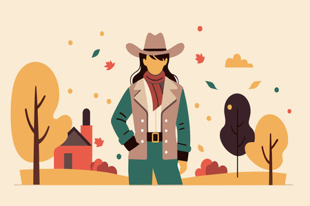 Woman in fall fashion poses against a rustic backdrop with foliage.のイラスト素材