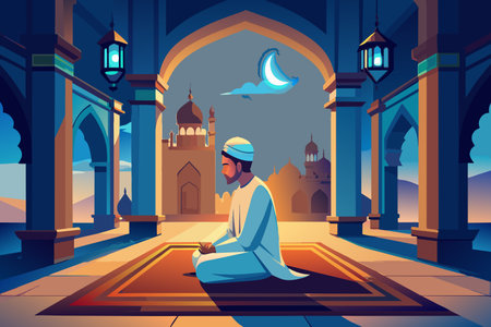 Man in traditional attire praying inside a mosque at dusk.のイラスト素材