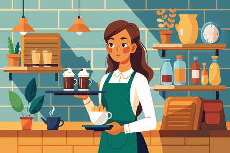 A waitress in an apron serving drinks and snacks in a cafe.のイラスト素材